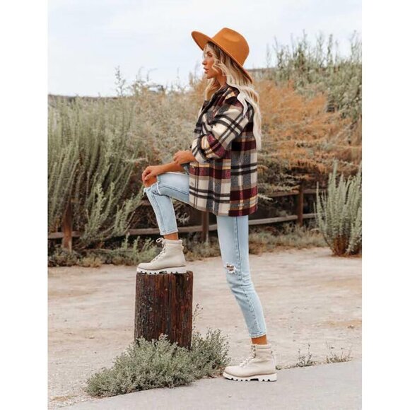 Women Wine Red Collared V Neck Button Down Oversized Long Sleeve Shirt Top - Picture 5 of 5